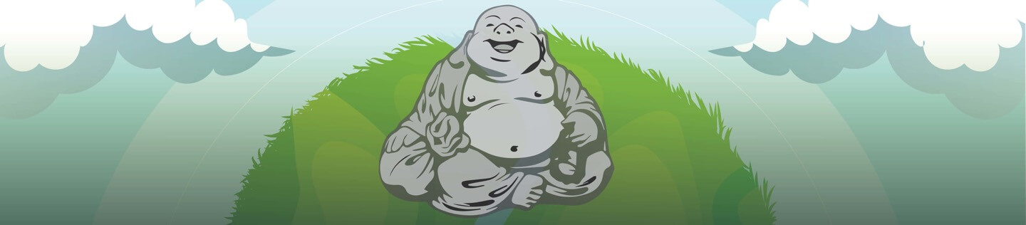 Animated smiling buddha on grassy hill beside cloudy sky