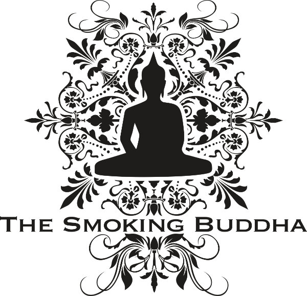 Black and white figure in seated yoga pose and words "The Smoking Buddha"