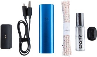 Blue PAX portable vape pen beside charger and replacement vaporizer parts