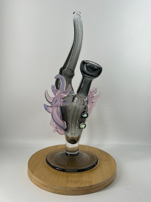 Black translucent heady bong with lavender spikes and opal accents